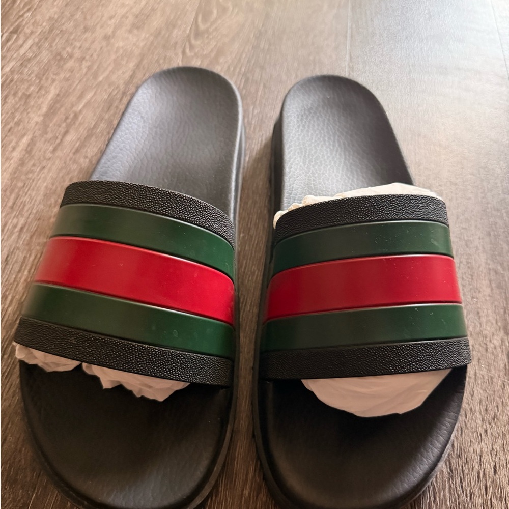 Gucci Black Slides with Red and Green Stripes